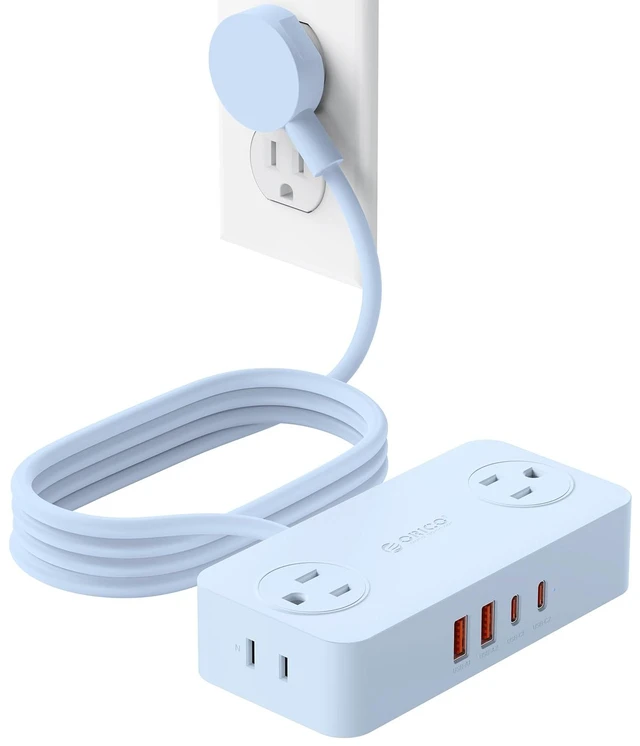 Main image of Power Strip with USB Ports, 5Ft Flat Plug Extension Cord 8 in 1 Multiple Outlets(AC*4, USB-C*2, USB-A*2) for Desk,Small Charging Station for Home, Office, Dorm, Room - CPR20 Blue