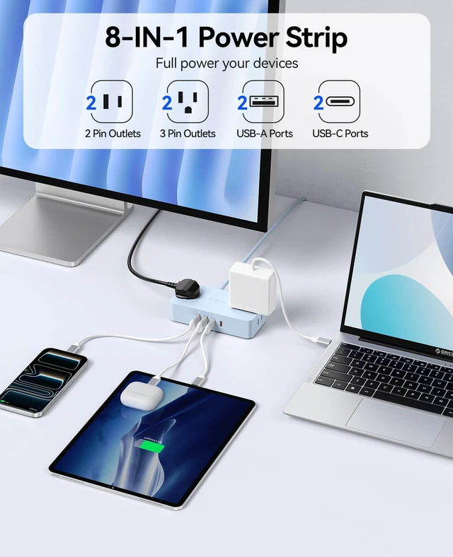 Alt view image 2 of 7 - Power Strip with USB Ports, 5Ft Flat Plug Extension Cord 8 in 1 Multiple Outlets(AC*4, USB-C*2, USB-A*2) for Desk,Small Charging Station for Home, Office, Dorm, Room - CPR20 Blue