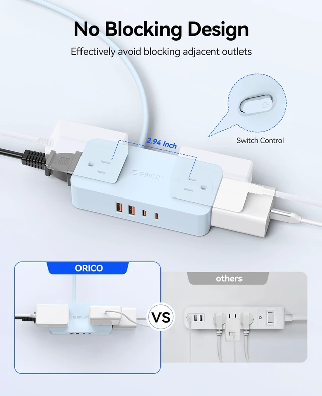 Alt view image 5 of 7 - Power Strip with USB Ports, 5Ft Flat Plug Extension Cord 8 in 1 Multiple Outlets(AC*4, USB-C*2, USB-A*2) for Desk,Small Charging Station for Home, Office, Dorm, Room - CPR20 Blue