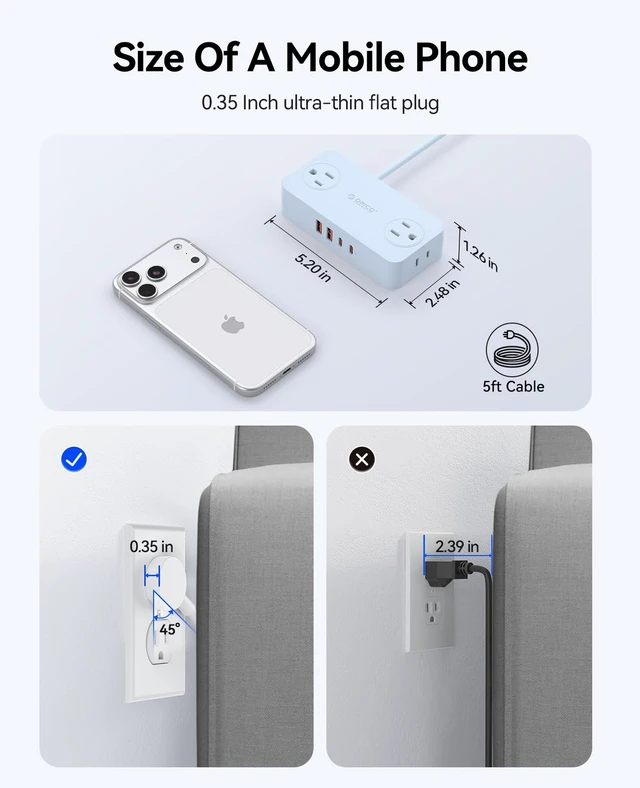 Alt view image 6 of 7 - Power Strip with USB Ports, 5Ft Flat Plug Extension Cord 8 in 1 Multiple Outlets(AC*4, USB-C*2, USB-A*2) for Desk,Small Charging Station for Home, Office, Dorm, Room - CPR20 Blue