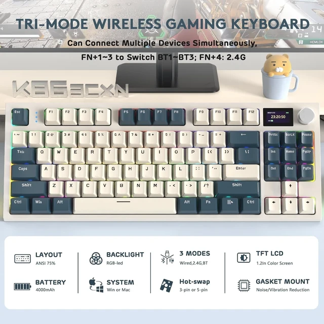 Alt view image 2 of 7 - RK86 RGB 75% Wireless Gasket Mechanical Keyboard,Triple Mode Bluetooth5.0/2.4G/USB-C 82 Keys Hot Swappable Gaming Keyboard 4000 mAH Battery w/Knob & 1.2'' HD OLED Display,Linear Switches