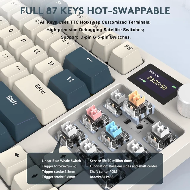 Alt view image 5 of 7 - RK86 RGB 75% Wireless Gasket Mechanical Keyboard,Triple Mode Bluetooth5.0/2.4G/USB-C 82 Keys Hot Swappable Gaming Keyboard 4000 mAH Battery w/Knob & 1.2'' HD OLED Display,Linear Switches