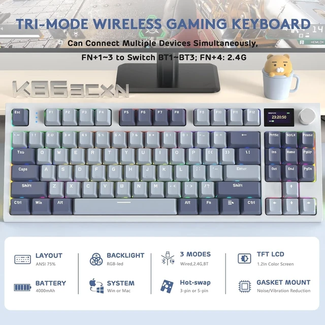 Alt view image 2 of 7 - K86 RGB 75% Wireless Gasket Mechanical,Triple Mode BT5.0/2.4G/USB-C 82 Keys Hot Swappable Gaming Keyboard 4000 mAH Battery w/Knob&Display,Linear Switches-Purple