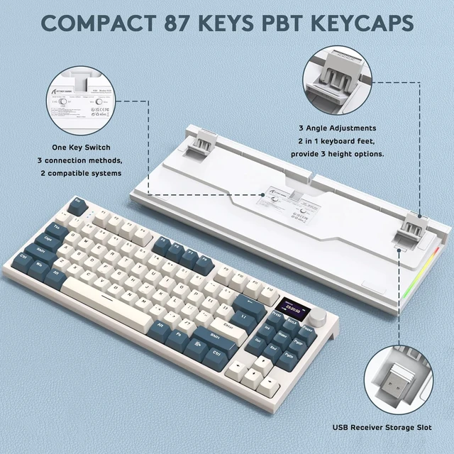 Alt view image 7 of 7 - RK86 RGB 75% Wireless Gasket Mechanical Keyboard,Triple Mode Bluetooth5.0/2.4G/USB-C 82 Keys Hot Swappable Gaming Keyboard 4000 mAH Battery w/Knob & 1.2'' HD OLED Display,Linear Switches