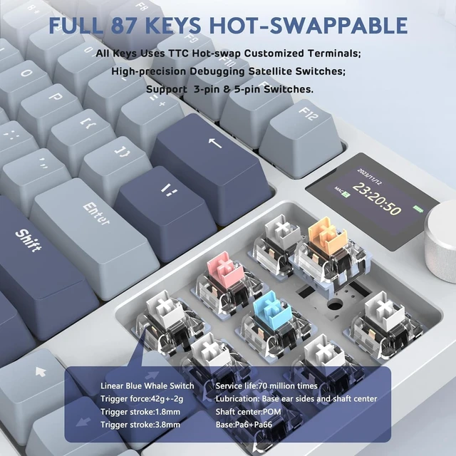 Alt view image 5 of 7 - K86 RGB 75% Wireless Gasket Mechanical,Triple Mode BT5.0/2.4G/USB-C 82 Keys Hot Swappable Gaming Keyboard 4000 mAH Battery w/Knob&Display,Linear Switches-Purple
