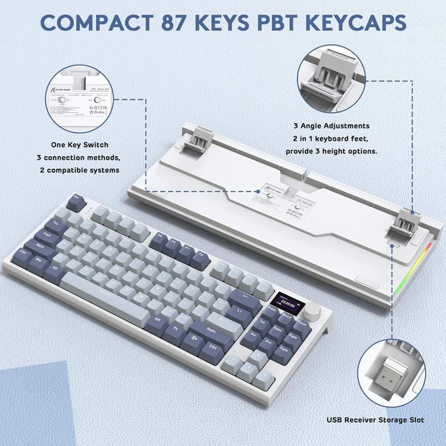Alt view image 7 of 7 - K86 RGB 75% Wireless Gasket Mechanical,Triple Mode BT5.0/2.4G/USB-C 82 Keys Hot Swappable Gaming Keyboard 4000 mAH Battery w/Knob&Display,Linear Switches-Purple