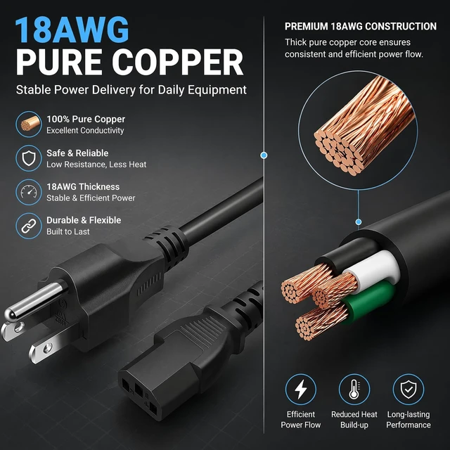 Alt view image 2 of 7 - 18AWG UL Listed 6ft Pure Copper to IEC C13 3 Prong Grounded AC Power Cord UL Listed 18AWG Pure-Copper NEMA 5-15P to IEC C13 3-Prong Grounded AC Power Cord for PC Monitor Printer Game Console