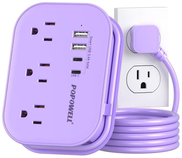 Main image of Purple Extension Cord, Kawaii Travel Power Strip 5 FT, Cruise Essentials 3 AC Outlet 1250W, Purple Desk, 4 USB Desktop Charging Station, Cruise ship Essentials, Travel Accessories, Home, Dorm