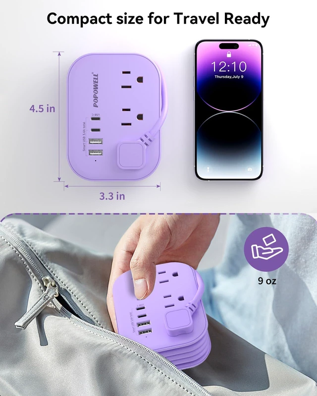 Alt view image 2 of 7 - Purple Extension Cord, Kawaii Travel Power Strip 5 FT, Cruise Essentials 3 AC Outlet 1250W, Purple Desk, 4 USB Desktop Charging Station, Cruise ship Essentials, Travel Accessories, Home, Dorm