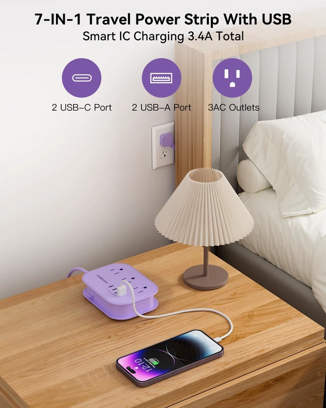 Alt view image 3 of 7 - Purple Extension Cord, Kawaii Travel Power Strip 5 FT, Cruise Essentials 3 AC Outlet 1250W, Purple Desk, 4 USB Desktop Charging Station, Cruise ship Essentials, Travel Accessories, Home, Dorm