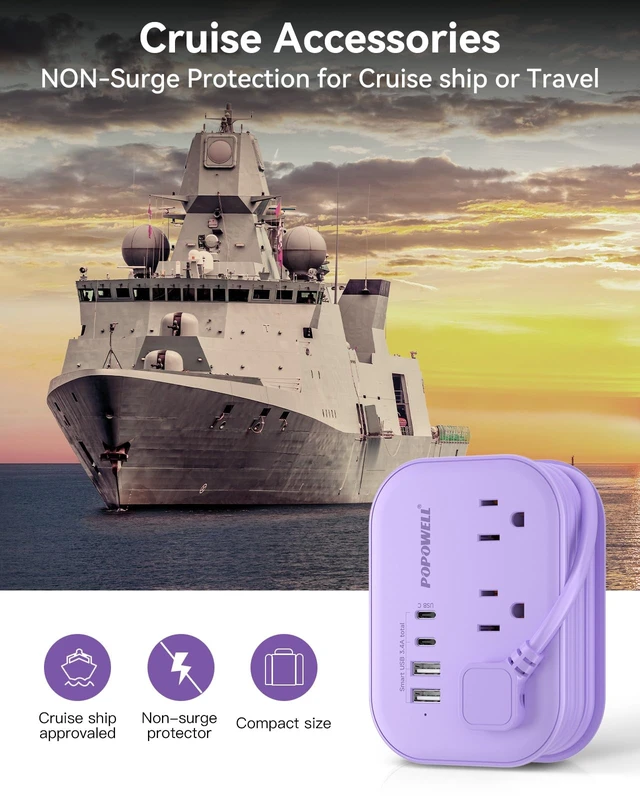 Alt view image 4 of 7 - Purple Extension Cord, Kawaii Travel Power Strip 5 FT, Cruise Essentials 3 AC Outlet 1250W, Purple Desk, 4 USB Desktop Charging Station, Cruise ship Essentials, Travel Accessories, Home, Dorm