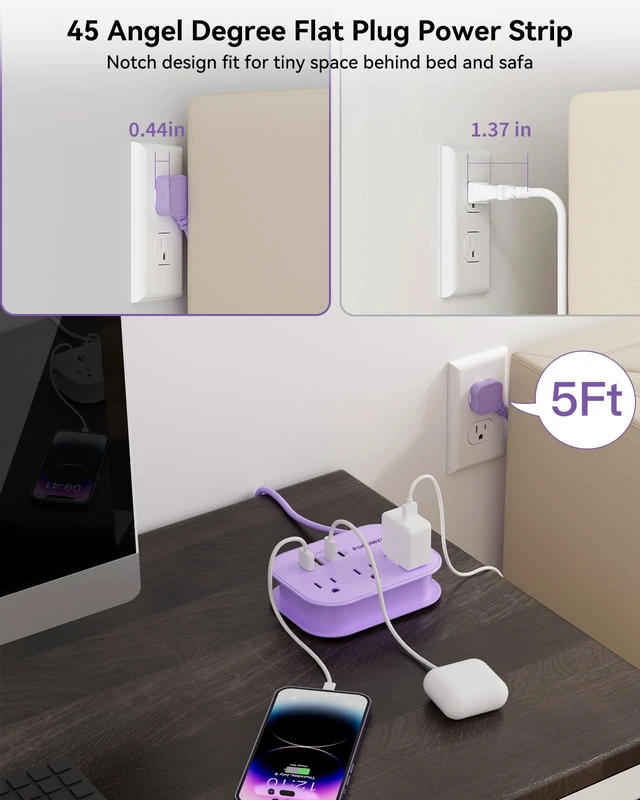 Alt view image 5 of 7 - Purple Extension Cord, Kawaii Travel Power Strip 5 FT, Cruise Essentials 3 AC Outlet 1250W, Purple Desk, 4 USB Desktop Charging Station, Cruise ship Essentials, Travel Accessories, Home, Dorm