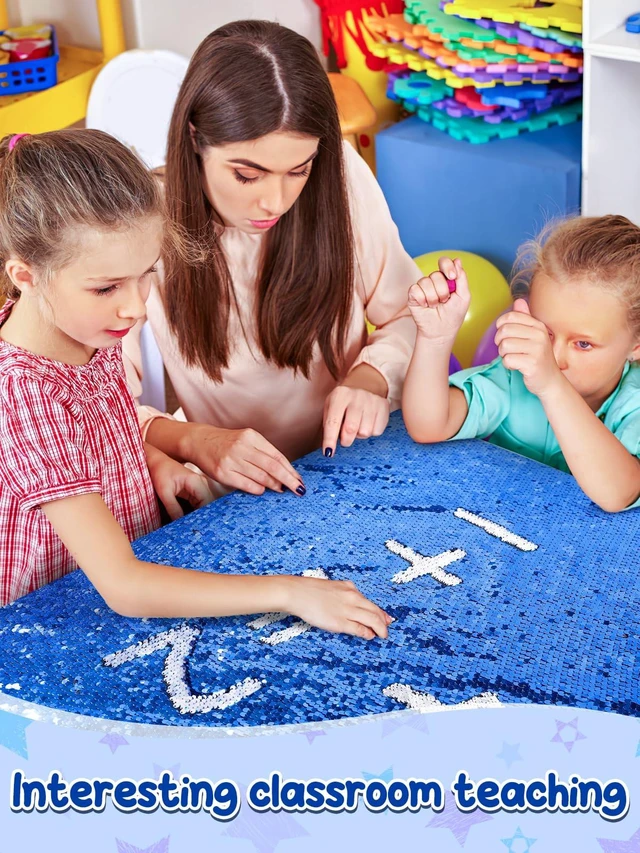Alt view image 2 of 7 - 36×49 in Sequin Fabric Sensory Wall Panel for Kids, Sensory Room Must Haves 0.2in Reversible Flip Sequin Fabric Wall, Laser Cut Edge, Fidgeting Activity Classroom Home Tactile Training, Sapphire Blue