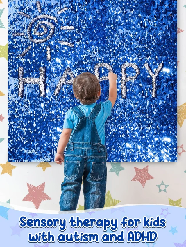Alt view image 7 of 7 - 36×49 in Sequin Fabric Sensory Wall Panel for Kids, Sensory Room Must Haves 0.2in Reversible Flip Sequin Fabric Wall, Laser Cut Edge, Fidgeting Activity Classroom Home Tactile Training, Sapphire Blue