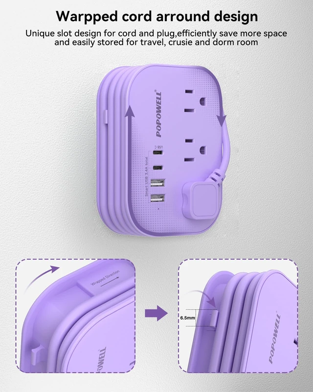 Alt view image 7 of 7 - Purple Extension Cord, Kawaii Travel Power Strip 5 FT, Cruise Essentials 3 AC Outlet 1250W, Purple Desk, 4 USB Desktop Charging Station, Cruise ship Essentials, Travel Accessories, Home, Dorm