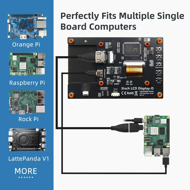 Alt view image 3 of 6 - 5 Inch HDMI Monitor 1024x600 LCD Touch Screen Display Mini Small Monitor for Raspberry Pi 5/4/3/2/B/B+, BB Black, Win 11/10/8/7