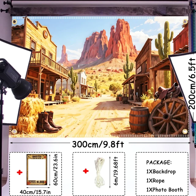 Alt view image 2 of 6 - 10x6.5ft Extra-Large Western Backdrops for Photoshoot Wild West Backdrop Rodeo Backdrop Country Themed Party Decorations Desert Landscape Backgrounds with 32.8 Ft Ribbon and Wanted Photo Booth