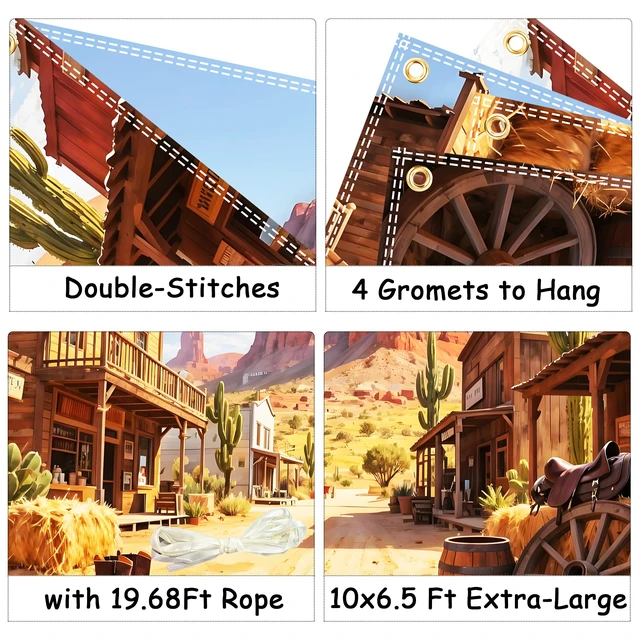Alt view image 4 of 6 - 10x6.5ft Extra-Large Western Backdrops for Photoshoot Wild West Backdrop Rodeo Backdrop Country Themed Party Decorations Desert Landscape Backgrounds with 32.8 Ft Ribbon and Wanted Photo Booth