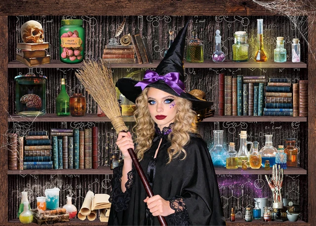 Alt view image 2 of 7 - Halloween Mad Scientist Laboratory Backdrop Halloween Magic School Banner 8x6ft Witch Kitchen Bookshelf Background, Creepy Skull Poison Bottles Apothecary Banner,Kids Halloween Party Decor