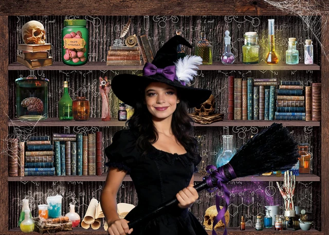 Alt view image 3 of 7 - Halloween Mad Scientist Laboratory Backdrop Halloween Magic School Banner 8x6ft Witch Kitchen Bookshelf Background, Creepy Skull Poison Bottles Apothecary Banner,Kids Halloween Party Decor