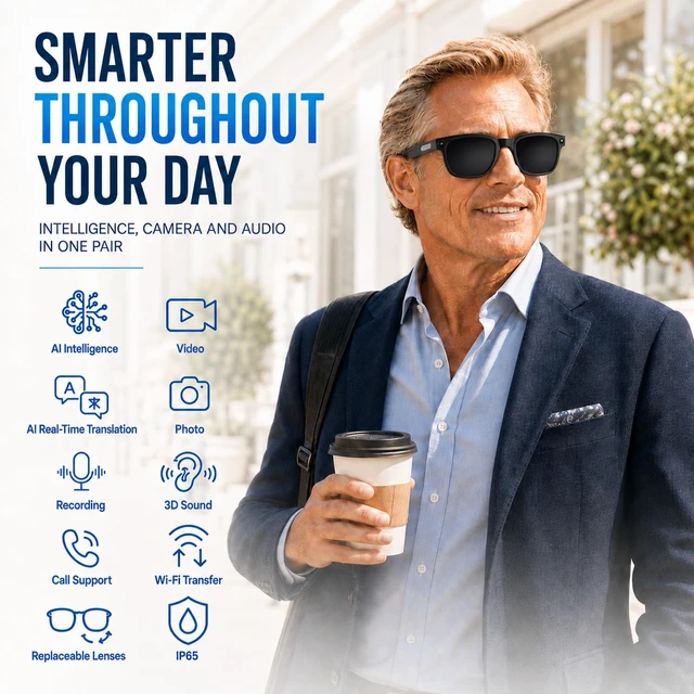 Alt view image 5 of 7 - AI Smart Glasses with Camera, 4K HD Recording, 32GB Storage Object Recognition, Open-Ear Speakers, Bluetooth Calling, Transparent Lenses, WiFi Transfer and Touch Controls