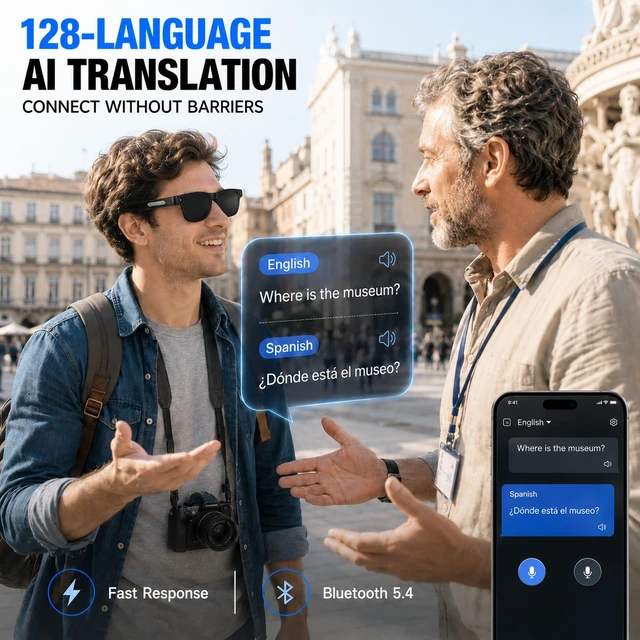 Alt view image 3 of 7 - AI Smart Glasses with Camera, 4K HD Recording, 32GB Storage Object Recognition, Open-Ear Speakers, Bluetooth Calling, Transparent Lenses, WiFi Transfer and Touch Controls