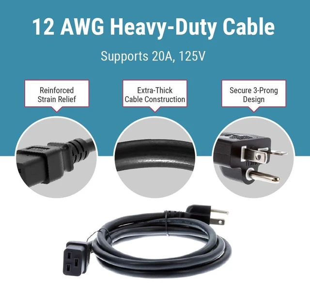 Alt view image 5 of 7 - 5-20P to C19 Heavy Duty Power Cord 6ft, 20A/125V, 12 AWG NEMA 5-20P to IEC C19 AC Power Cable for Servers, PDUs and Network Equipment, Black
