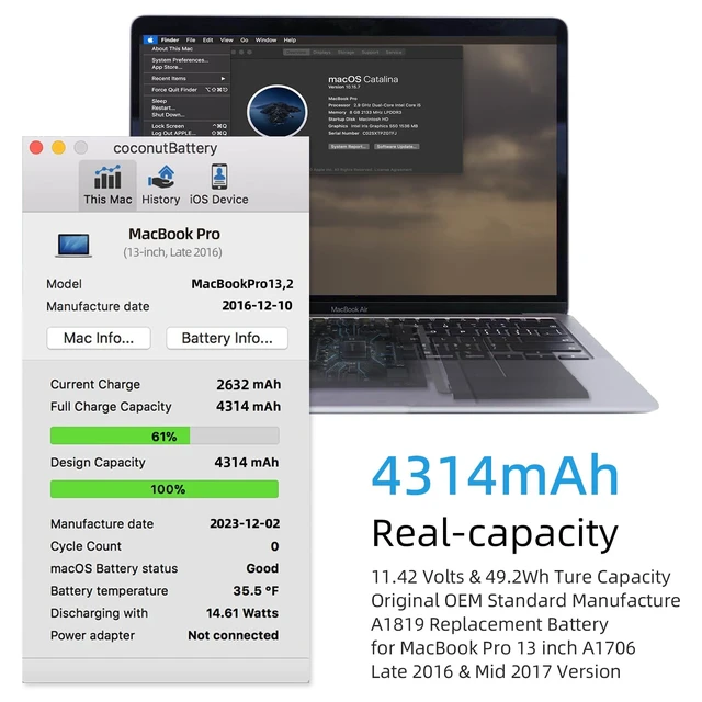 Alt view image 2 of 6 - A1706 Battery Replacement, A1819 Battery for MacBook Pro 13 Inch Touch Bar (Late 2016 Mid 2017) EMC 3071 3163 11.41V 49.2Wh (A1706 A1819 Battery & Tool Set)