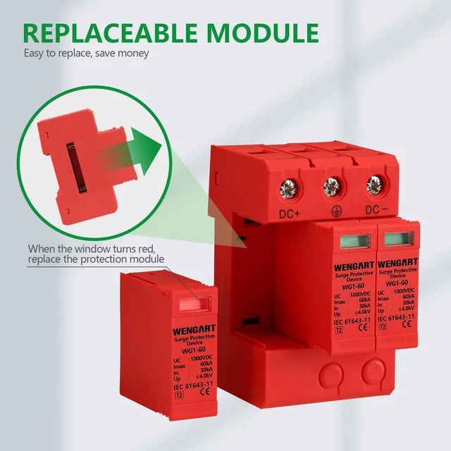 Alt view image 5 of 7 - 1000V DC Surge Protective Device, 3-Pole 30-60kA Lightning Arrester, 36mm DIN Rail Mount, High-Voltage SPD for Solar PV Systems, Inverters & Off-Grid Power Distribution