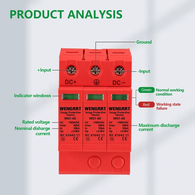 Alt view image 7 of 7 - 1000V DC Surge Protective Device, 3-Pole 30-60kA Lightning Arrester, 36mm DIN Rail Mount, High-Voltage SPD for Solar PV Systems, Inverters & Off-Grid Power Distribution
