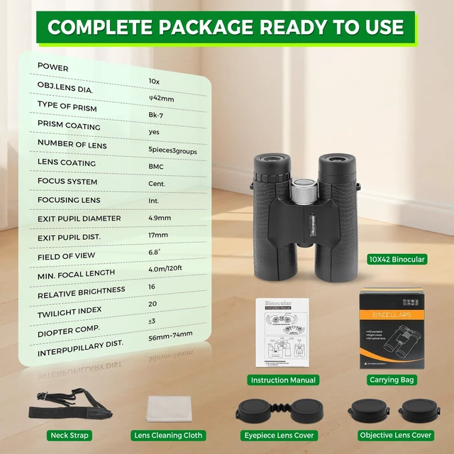 Alt view image 7 of 7 - 10x42 Compact Binoculars BK7 Prism as Gift for Bird Watching Waterproof Fogproof Shockproof for Camping Wildlife,Adjustable Eye Cups,Lightweight Portable Bag Included,Ourdoor Accessories