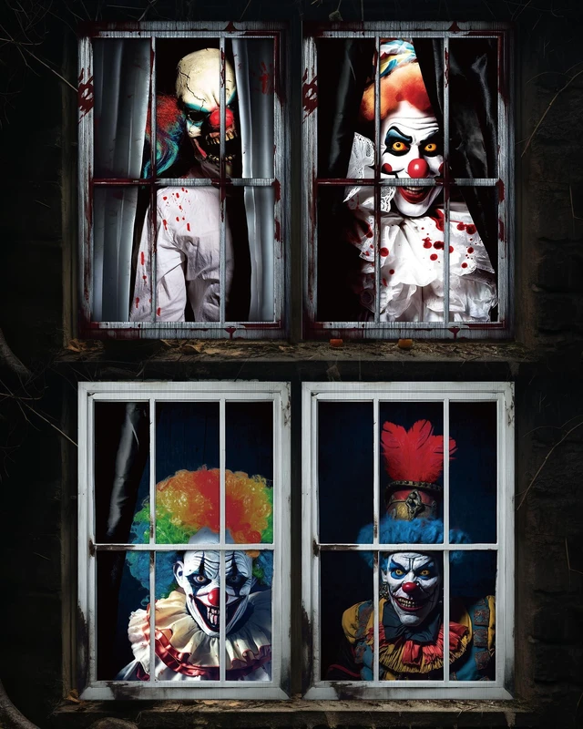 Main image of 4 Pcs Scary Halloween Clown Curtain Window Silhouette Decoration 31"x47" Spooky Windows Silhouette, Horror Cling Door Cover, Clown Killer Poster Screen, Indoor Outdoor Halloween Party Decor