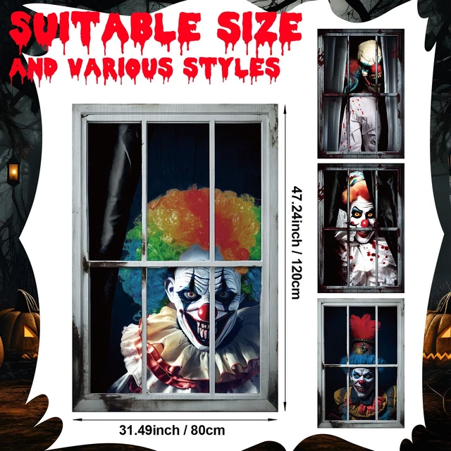 Alt view image 2 of 7 - 4 Pcs Scary Halloween Clown Curtain Window Silhouette Decoration 31"x47" Spooky Windows Silhouette, Horror Cling Door Cover, Clown Killer Poster Screen, Indoor Outdoor Halloween Party Decor