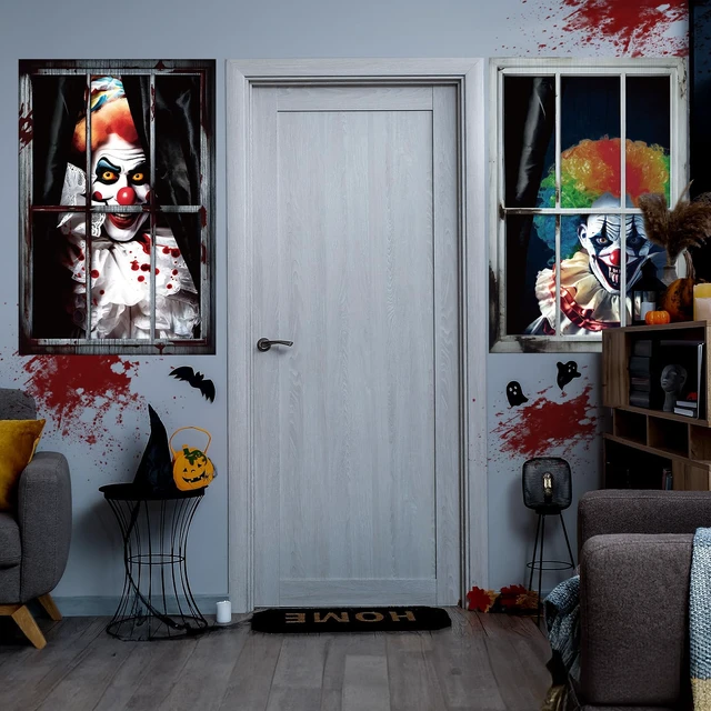 Alt view image 5 of 7 - 4 Pcs Scary Halloween Clown Curtain Window Silhouette Decoration 31"x47" Spooky Windows Silhouette, Horror Cling Door Cover, Clown Killer Poster Screen, Indoor Outdoor Halloween Party Decor