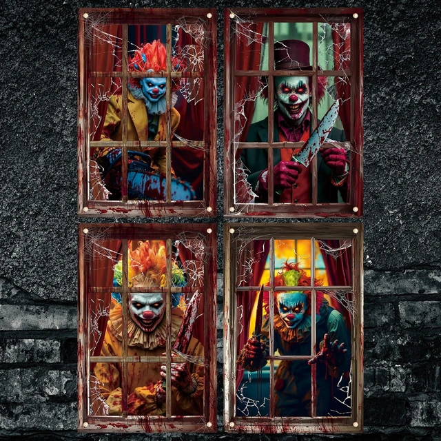 Main image of 4 Pcs Scary Halloween Clown Curtain Window Silhouette Decoration 31"x47" Spooky Windows Silhouette, Horror Cling Door Cover, Bloody Clown Poster Screen, Indoor Outdoor Halloween Party Decor