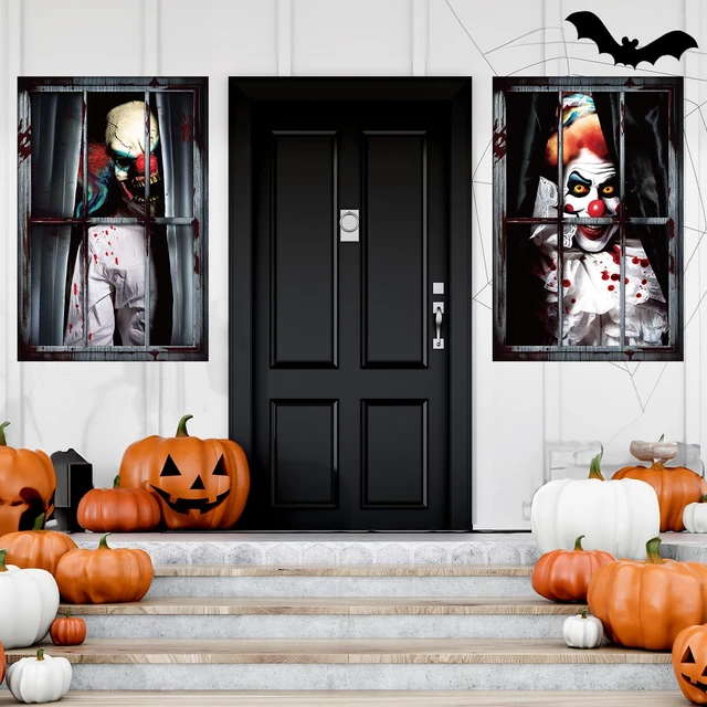 Alt view image 7 of 7 - 4 Pcs Scary Halloween Clown Curtain Window Silhouette Decoration 31"x47" Spooky Windows Silhouette, Horror Cling Door Cover, Clown Killer Poster Screen, Indoor Outdoor Halloween Party Decor