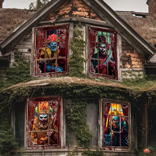 Alt view image 3 of 7 - 4 Pcs Scary Halloween Clown Curtain Window Silhouette Decoration 31"x47" Spooky Windows Silhouette, Horror Cling Door Cover, Bloody Clown Poster Screen, Indoor Outdoor Halloween Party Decor