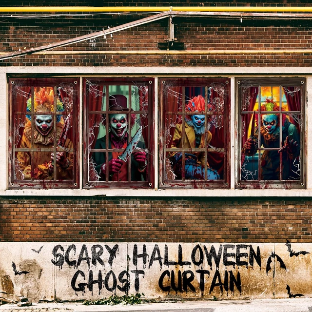 Alt view image 2 of 7 - 4 Pcs Scary Halloween Clown Curtain Window Silhouette Decoration 31"x47" Spooky Windows Silhouette, Horror Cling Door Cover, Bloody Clown Poster Screen, Indoor Outdoor Halloween Party Decor