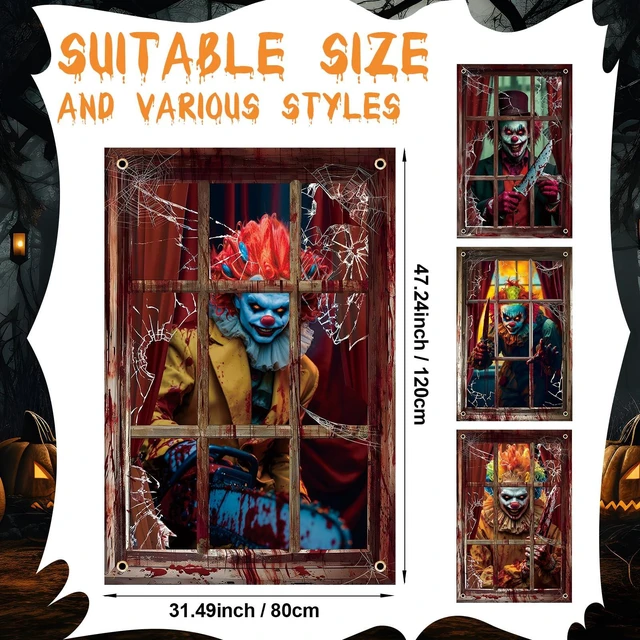 Alt view image 4 of 7 - 4 Pcs Scary Halloween Clown Curtain Window Silhouette Decoration 31"x47" Spooky Windows Silhouette, Horror Cling Door Cover, Bloody Clown Poster Screen, Indoor Outdoor Halloween Party Decor