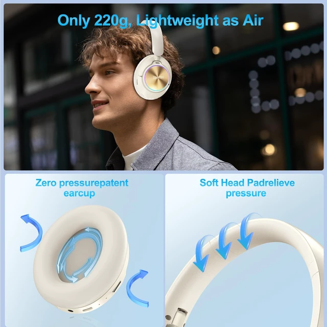 Alt view image 4 of 7 - Noise Cancelling Over Ear Wireless Bluetooth Headphones with Microphone, 65h Playtime, Clear Calls, Comfort Fit for Travel (Beige)