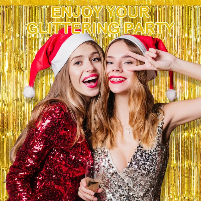 Alt view image 4 of 7 - 30 Pack Gold Foil Fringe Curtain Backdrop, 3.3x8.2 Feet Metallic Tinsel Streamer Curtains Photo Booth Props for Birthday/Wedding/Graduation/Baby Shower/Christmas/New Year/Disco Party Decorations