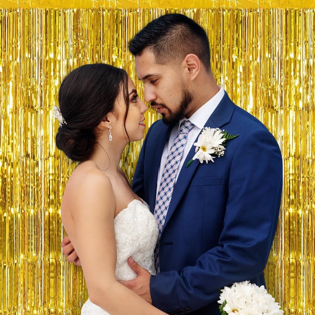 Alt view image 5 of 7 - 30 Pack Gold Foil Fringe Curtain Backdrop, 3.3x8.2 Feet Metallic Tinsel Streamer Curtains Photo Booth Props for Birthday/Wedding/Graduation/Baby Shower/Christmas/New Year/Disco Party Decorations