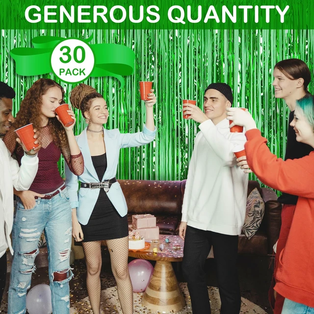 Alt view image 2 of 7 - 30 Pack Green Foil Fringe Curtain Backdrop, 3.3x8.2 Feet Metallic Tinsel Streamer Curtains Photo Booth Props for Birthday/Wedding/Bachelorette/Baby Shower/Christmas/New Year/Disco Party Decorations