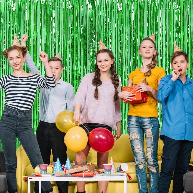 Alt view image 6 of 7 - 30 Pack Green Foil Fringe Curtain Backdrop, 3.3x8.2 Feet Metallic Tinsel Streamer Curtains Photo Booth Props for Birthday/Wedding/Bachelorette/Baby Shower/Christmas/New Year/Disco Party Decorations