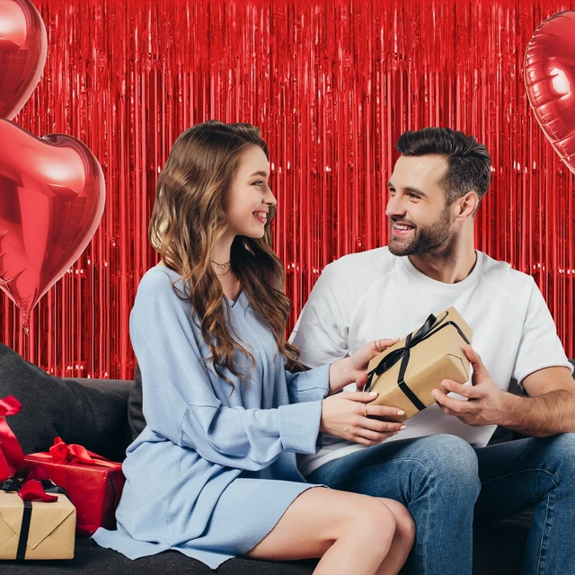 Alt view image 4 of 7 - 30 Pack Red Foil Fringe Curtain Backdrop, 3.3x8.2 Feet Metallic Tinsel Streamer Curtains Photo Booth Props for Wedding/Anniversary/Bridal Shower/Christmas/New Year/Valentine's Day Party Decorations