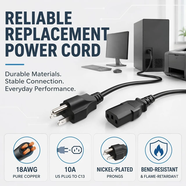Alt view image 7 of 7 - 18AWG UL Listed 6ft Pure Copper to IEC C13 3 Prong Grounded AC Power Cord UL Listed 18AWG Pure-Copper NEMA 5-15P to IEC C13 3-Prong Grounded AC Power Cord for PC Monitor Printer Game Console