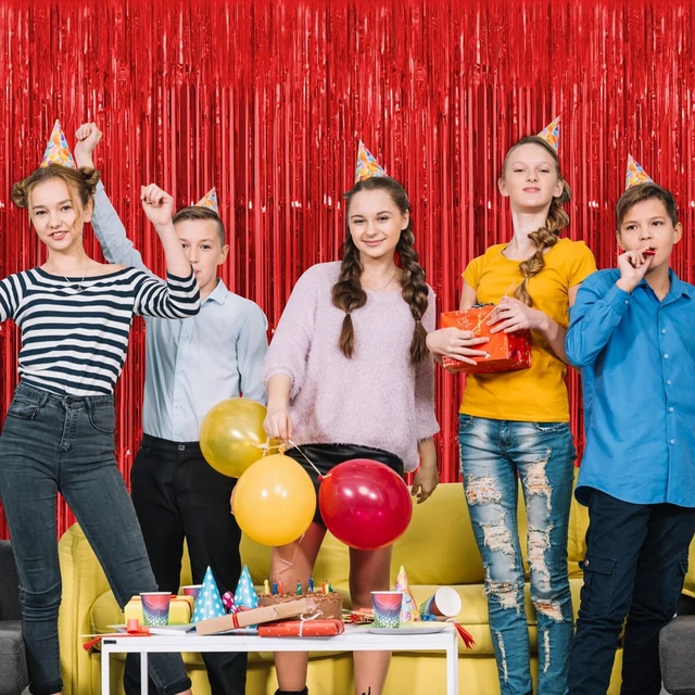 Alt view image 6 of 7 - 30 Pack Red Foil Fringe Curtain Backdrop, 3.3x8.2 Feet Metallic Tinsel Streamer Curtains Photo Booth Props for Wedding/Anniversary/Bridal Shower/Christmas/New Year/Valentine's Day Party Decorations
