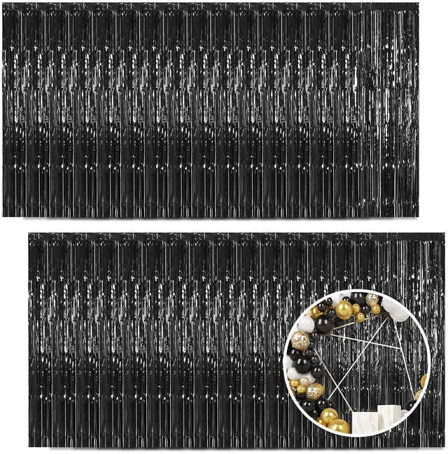 Main image of 30 Pack Black Foil Fringe Curtain Backdrop, 3.3x8.2 Feet Metallic Tinsel Streamer Curtains Photo Booth Props for Birthday/Graduation/Bachelorette/Halloween/Christmas/New Year/Disco Party Decorations