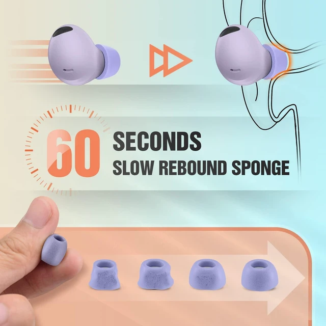 Alt view image 4 of 7 - Memory Foam Tips for Samsung Galaxy Buds 2 Pro, No Silicone Eartips Pain, Anti-Slip Replacement Ear Tips, Fit in The Charging Case, Reducing Noise Earbuds, 3 Pairs (Large, Violet)