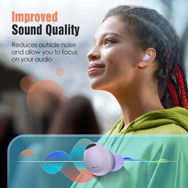 Alt view image 6 of 7 - Memory Foam Tips for Samsung Galaxy Buds 2 Pro, No Silicone Eartips Pain, Anti-Slip Replacement Ear Tips, Fit in The Charging Case, Reducing Noise Earbuds, 3 Pairs (Large, Violet)